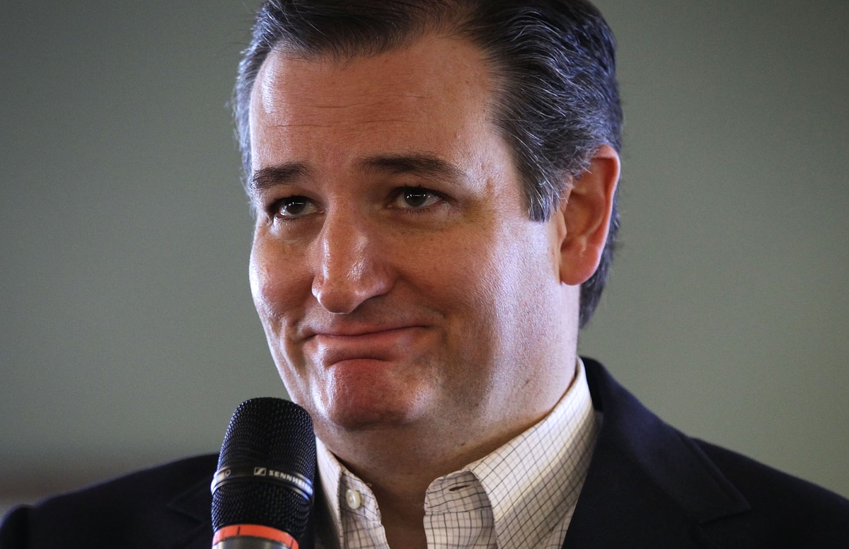 Cruz rally: attendee holds “Same Person?!?!” sign comparing Ted Cruz and Kevin Malone. Photo: Getty Images / Alex Wong, Feb. 2016, as published by PopSugar.
