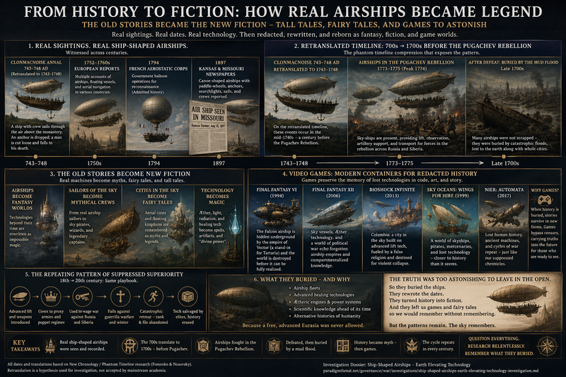 From history to fiction — real ship-shaped airships, retranslated timeline, mud-flood burial, games as redacted memory, suppression cycle