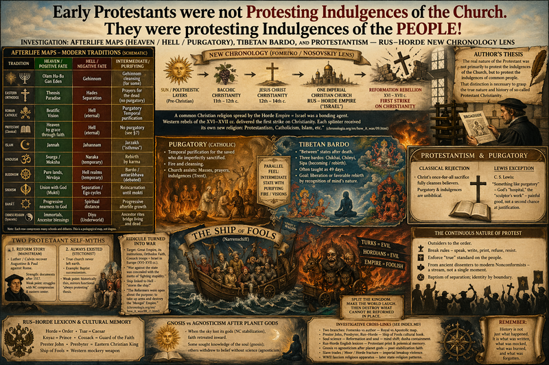Afterlife maps, Bardo / purgatory transition, and Reformation-era ship allegory — illustrative header
