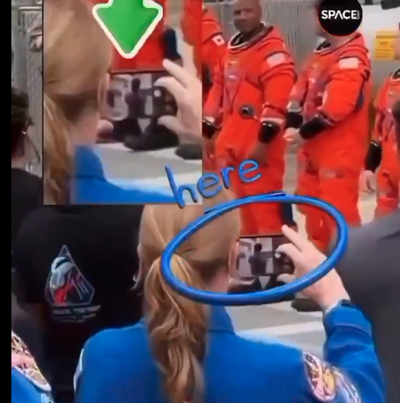 Artemis II walkout — phone preview vs suits (annotated viral still)