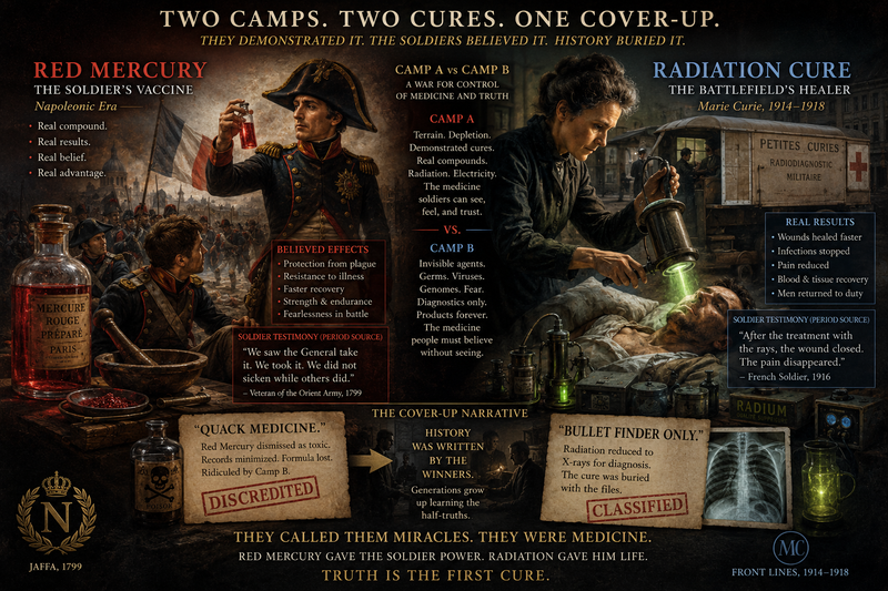 Two camps — red mercury (Napoleon) and radiation cure (Curie), Camp A vs Camp B cover-up