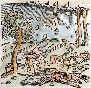Woodcut with   early hand colouring from Conrad Lycosthenes’ (Chronicle of Prodigies and Omens) - ‘Prodigiorum ac Ostentorum Chronicon’Published Hendricus Petri, Basel, allegedly 1557. This image appears to show a shower of meteorites - Lycosthenes notesthey are  and not hail.