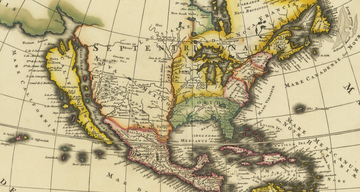 This is a map of North America from the 1700s.It shows the various colonies that existed at the time, as well as the  of Californiaand no sign of the Grand Canyon, or Colorado River or Rockies