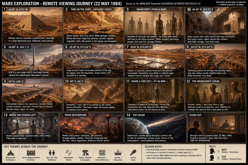 Coordinate journey — MON/SUB Mars remote viewing session, 22 May 1984 (author graphic; not CIA)