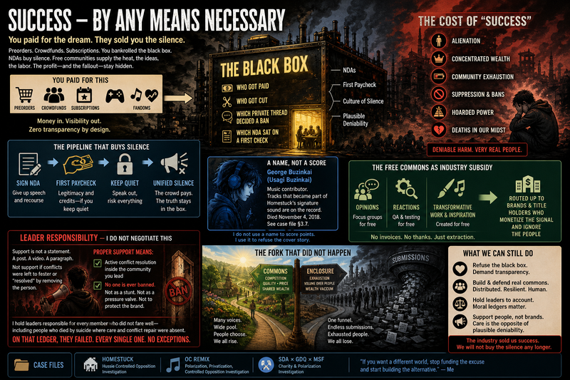 Success by any means necessary — companion graphic: three lanes, black box, leader keys, and the fork (info panel)
