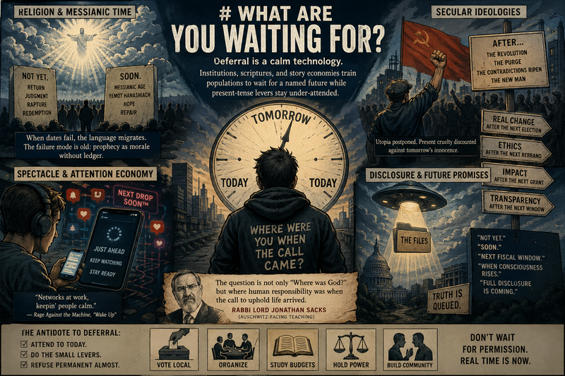 What Are You Waiting For? — deferral, headlines, calm-by-waiting (article art)