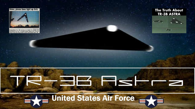 TR-3B disclosure collage — USAF wordmark, Phoenix Lights press inset, render