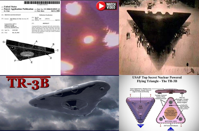 TR-3B collage panel 2 — St. Clair patent, anonymous tarmac photo, Fouche-era schematic labeled “USAF Top Secret”