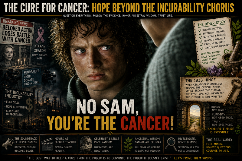 Return of the King (2003) frame: Frodo and Sam on the stairs — meme caption “No Sam, You’re the Cancer!” Same narrative trick: the sick voice accuses the loyal friend instead of the ring.