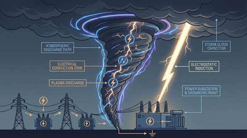 Electromagnetic tornado: energy transmission through substation and vortex
