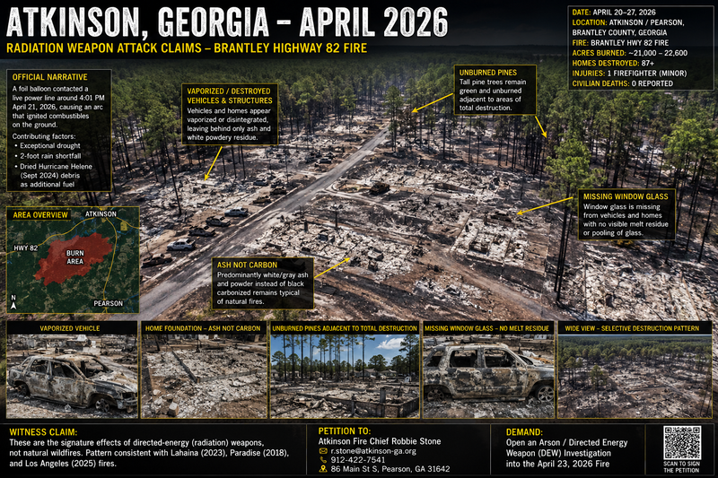 Atkinson, Georgia / Brantley Highway 82 fire — radiation-weapon investigation: signature anomalies of vaporized structures adjacent to intact pine canopy