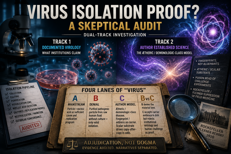 Virus isolation skeptical audit — dual-track, ætheric disease, fingerprint not blueprint (investigation header)