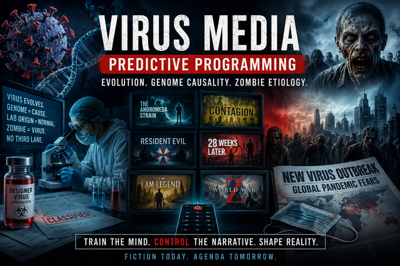 Virus media predictive programming — evolution, genome causality, zombie etiology (investigation header)